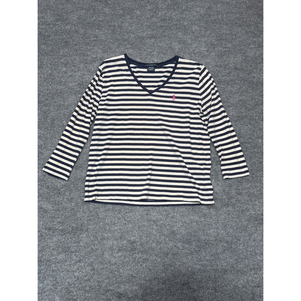 Ralph Lauren Sport Striped V-Neck Long Sleeve Tee Navy White Pink Pony Large